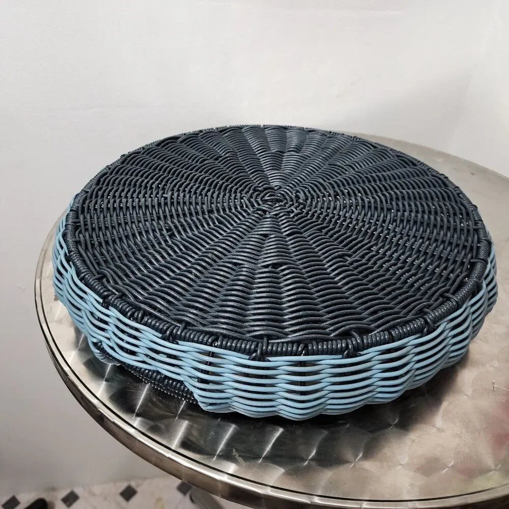 Round Two Tone Wicker Serving Tray Cutout Handles Blue Black Rattan Basket 14 in